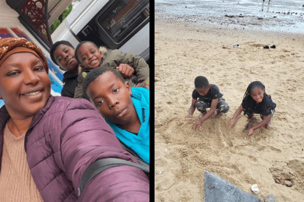 Left side: Fathima takes a selfie with three children near a building. Right side: Two children play in the sand at a beach, with water visible in the background.