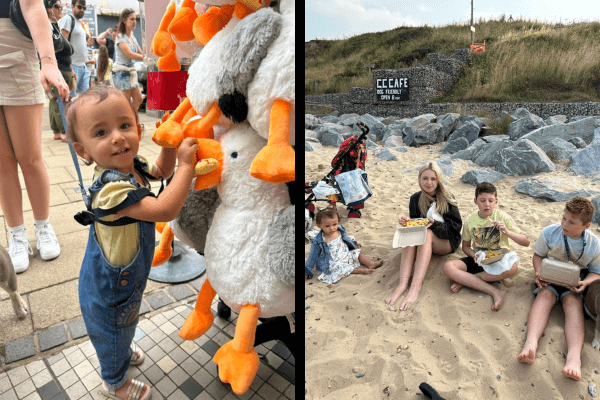 Left photo: Jenny's toddler playing with a giant stuffed seagull. Right photo: Jenny's children having fun at the beach.