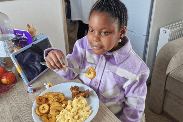 Kayla having eggs and plantain for breakfast.