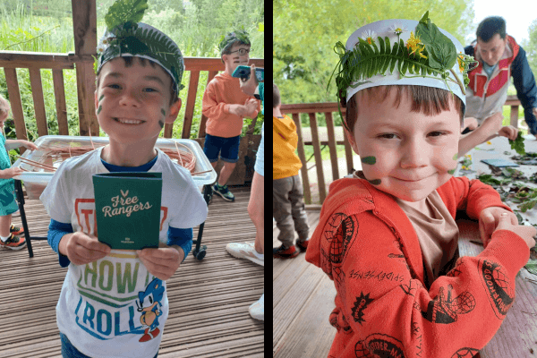 Elijah and Alistair took a photo separately after having a craft class in the woods.