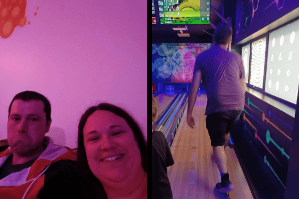 Rebecca took a selfie with her husband Nathan. And the photo in the right is Nathan playing bowling,