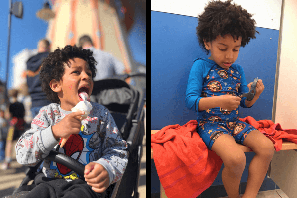 Two images of Dion on his holiday. In the first one, Dion is eating an ice cream, and in the second one he is in the changing rooms of the swimming pool in his swimming clothes, excited to get into the water