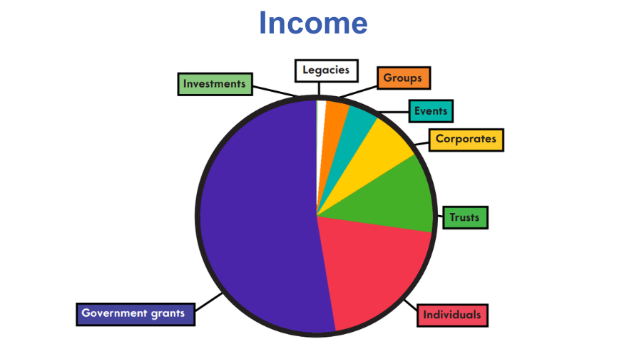 Pie chart showing the breakdown of charity income in 2022, with over 50% coming from Government grants.