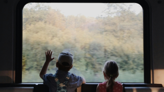 Two children looking out the window on a moving traiin