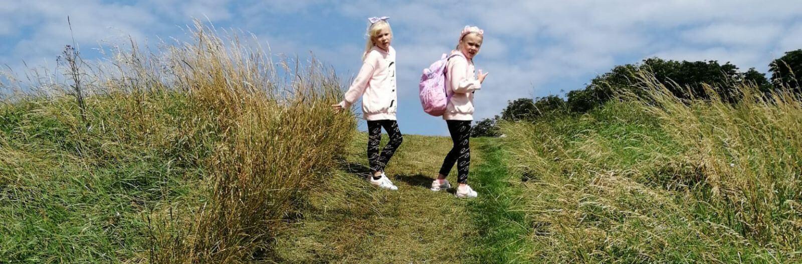 Two sisters look backwards while climbing up a lush green grassy hill underneath a blue sky with wispy clouds.