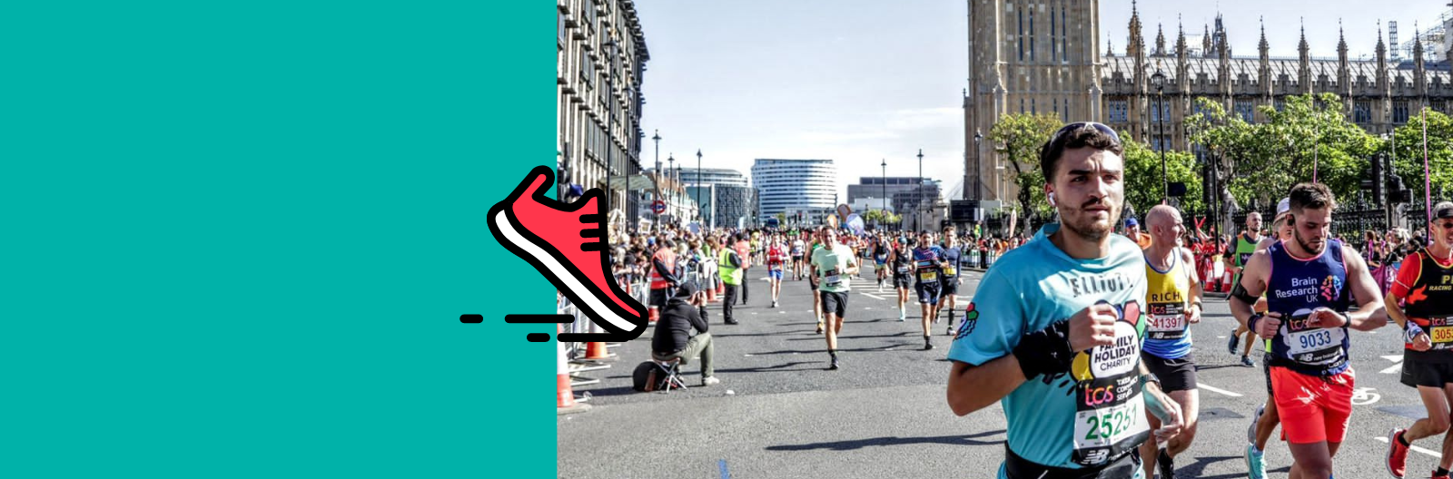 Man running in teal FHC t-shirt with other runners behind him 