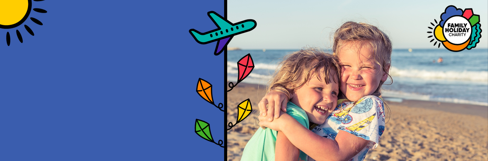 Two girls hugging and smiling on a beach. Header text reads Gift a Holiday