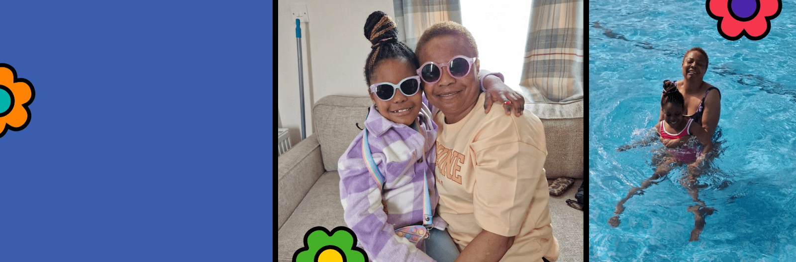 A photo of Kate and Kayla wearing sunglasses in the middle, and a photo on the right with Kate and Kayla in a swimming pool.