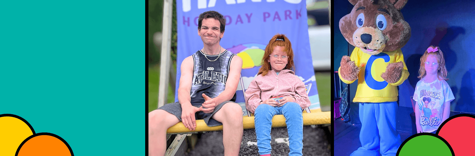 Tania's son and daughter sitting on a holiday park chair together laughing happily.