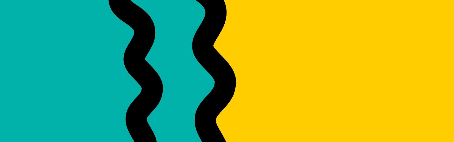 A yellow background, with a blue wave 