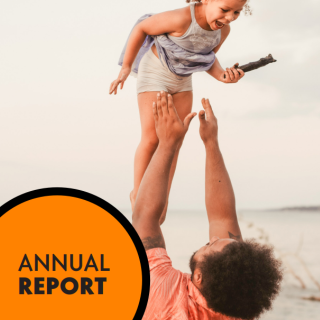 Dad on the beach holding his daughter up in the air on their family holiday. The words Annual Report are in an orange circle in the corner of the image.