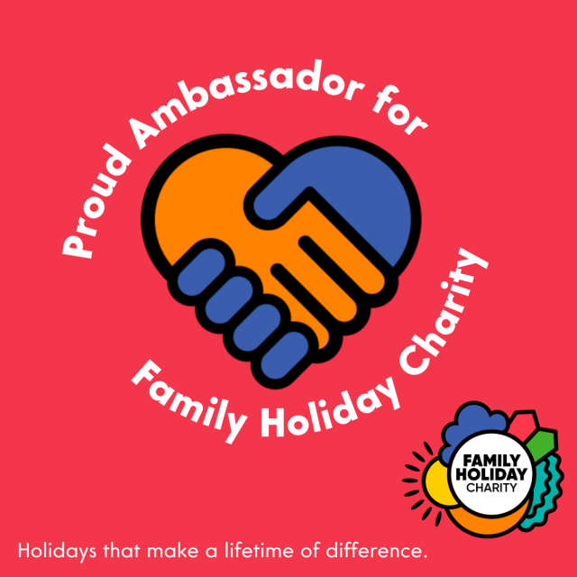 A handshake icon on a pink background, surrounded by the text: Proud Ambassador for Family Holiday Charity