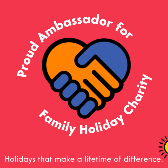 A handshake icon on a pink background, surrounded by the text: Proud Ambassador for Family Holiday Charity