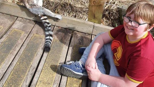 Amy's son, Leon sitting on floor with a ring-tailed lemur next to him